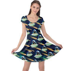 Travel In Space Blue Colorful Space With Cute Rocket Cap Sleeve Dress by CoolDesigns
