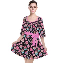 Black Yummy Colorful Sweet Lollipop Candy Macaroon Cupcake Donut Seamless Velour Kimono Dress  by CoolDesigns