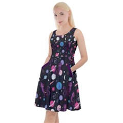Dark Space Cat Colorful Space With Cats Saturn And Stars Knee Length Skater Dress With Pockets by CoolDesigns