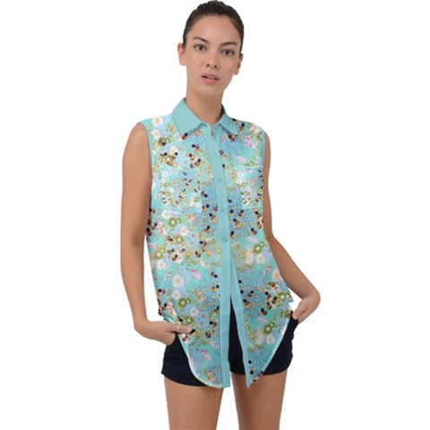 Vintage Flowers Aquamarine Honey Insect Sleeveless Chiffon Button Shirt by CoolDesigns