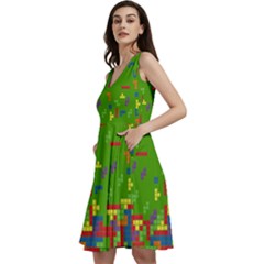 Pixelated Puzzle Print Forest Green Sleeveless V-neck Skater Dress by CoolDesigns