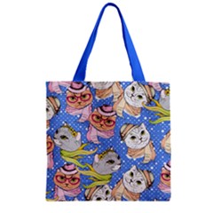 Blue Comic Cats Colorful Space With Cats Saturn And Stars Zipper Grocery Tote Bag by CoolDesigns