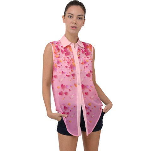 Dripping Hearts Cute Pink Valentine Day Pattern Sleeveless Chiffon Button Shirt by CoolDesigns