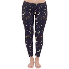 Black Fun Night Sky Moon And Stars Fleece Lined Winter Leggings by CoolDesigns