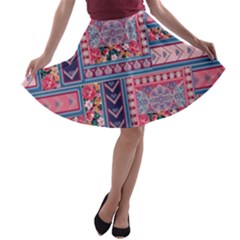 Aztec Floral Patchwork Indigo Pink A-line Skater Skirt by CoolDesigns