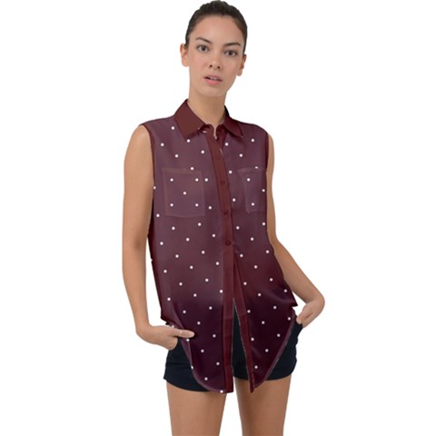 Brown Polka Dots Print Sleeveless Chiffon Button Shirt by CoolDesigns