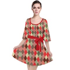 Red Checkered Diamond Tarton Patter Comfy Sleveless Velour Kimono Dress by CoolDesigns