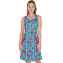 Polka Dots Teal Spring Flowers Knee Length Skater Dress With Pockets View1