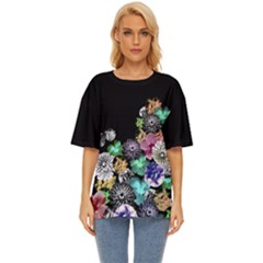 Black Floral Oversized Basic Tee Top by CoolDesigns