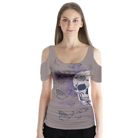 Butterfly Skull Gray Halloween V2 Butterfly Sleeve Cutout Tee by CoolDesigns