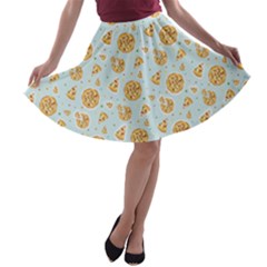 Sky Blue & Yellow Cartoon Pizza With Confetti A-line Skater Skirt by CoolDesigns