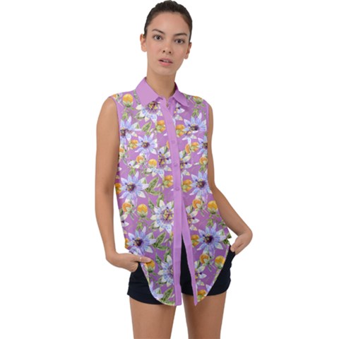 Violet Floral Sleeveless Chiffon Button Shirt by CoolDesigns