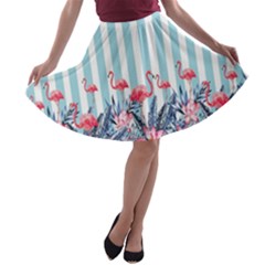 Stripes Flamingos Turquoise Beach A-line Skater Skirt by CoolDesigns