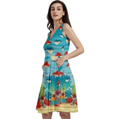Puffer Fish Teal Watercolor Pattern V-neck Skater Dress With Pockets by CoolDesigns