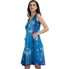 Jellyfish Steel Blue Ocean Bubbles Stretch V-neck Skater Dress With Pockets by CoolDesigns