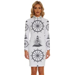Marine Nautical Seamless Pattern With Vintage Lighthouse Wheel Long Sleeve Shirt Collar Bodycon Dress by Bedest