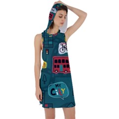 Seamless Pattern Hand Drawn With Vehicles Buildings Road Racer Back Hoodie Dress by Grandong