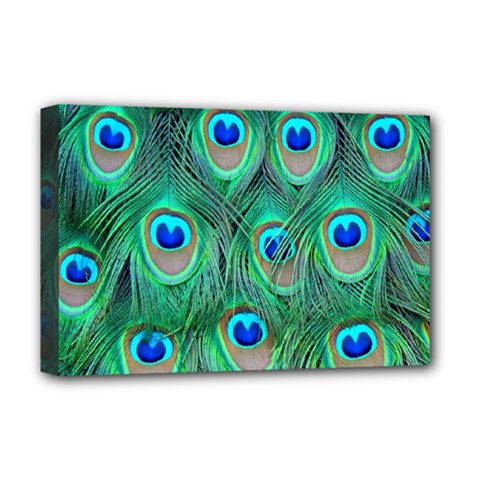 Peacock Feathers, Bonito, Bird, Blue, Colorful, Feathers Deluxe Canvas 18  X 12  (stretched) by nateshop