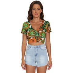 Mazipoodles Love Flowers - Green Orange V-neck Crop Top by Mazipoodles