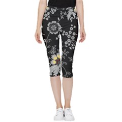 Black Background With Gray Flowers, Floral Black Texture Inside Out Lightweight Velour Capri Leggings  by nateshop