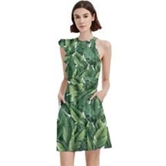 Green Banana Leaves Cocktail Party Halter Sleeveless Dress With Pockets by goljakoff