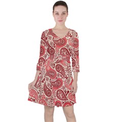 Paisley Red Ornament Texture Quarter Sleeve Ruffle Waist Dress by nateshop