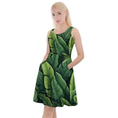 Green Leaves Knee Length Skater Dress With Pockets by goljakoff