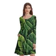Green Leaves Long Sleeve Knee Length Skater Dress With Pockets by goljakoff