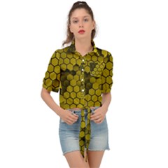 Yellow Hexagons 3d Art Honeycomb Hexagon Pattern Tie Front Shirt  by Cemarart