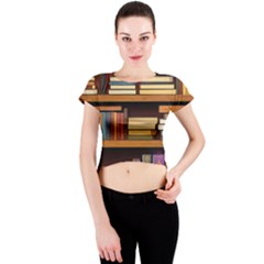 Book Nook Books Bookshelves Comfortable Cozy Literature Library Study Reading Room Fiction Entertain Crew Neck Crop Top by Maspions