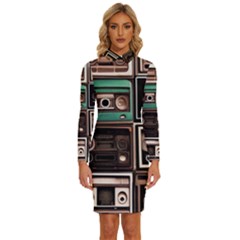 Retro Electronics Old Antiques Texture Wallpaper Vintage Cassette Tapes Retrospective Long Sleeve Shirt Collar Bodycon Dress by Grandong