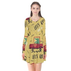 Childish Seamless Pattern With Dino Driver Long Sleeve V-neck Flare Dress by Apen