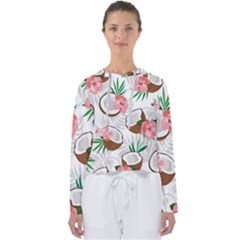 Seamless Pattern Coconut Piece Palm Leaves With Pink Hibiscus Women s Slouchy Sweat by Apen