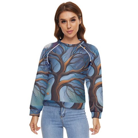 Tree Branches Mystical Moon Expressionist Oil Painting Acrylic Painting Abstract Nature Moonlight Ni Women s Long Sleeve Raglan T-shirt by Maspions