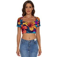 Hibiscus Flowers Colorful Vibrant Tropical Garden Bright Saturated Nature Short Sleeve Square Neckline Crop Top  by Maspions