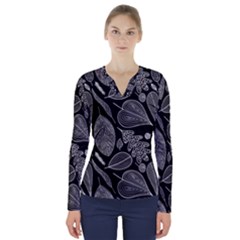 Leaves Flora Black White Nature V-neck Long Sleeve Top by Maspions