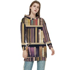 Books Bookshelves Office Fantasy Background Artwork Book Cover Apothecary Book Nook Literature Libra Women s Long Oversized Pullover Hoodie by Posterlux
