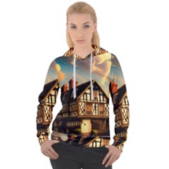 Village House Cottage Medieval Timber Tudor Split Timber Frame Architecture Town Twilight Chimney Women s Overhead Hoodie by Posterlux