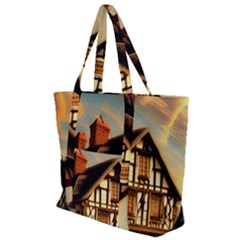 Village House Cottage Medieval Timber Tudor Split Timber Frame Architecture Town Twilight Chimney Zip Up Canvas Bag by Posterlux