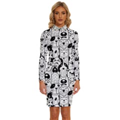 Seamless Pattern With Black White Doodle Dogs Long Sleeve Shirt Collar Bodycon Dress by Grandong