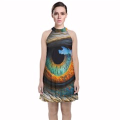 Eye Bird Feathers Vibrant Velvet Halter Neckline Dress  by Hannah976
