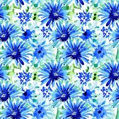 Blue Daisy Flowers 1 Fabric by DinkovaArt