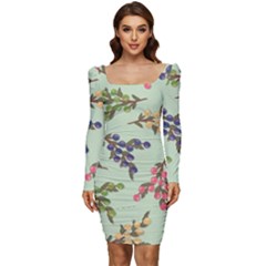 Berries Flowers Pattern Print Women Long Sleeve Ruched Stretch Jersey Dress by Maspions