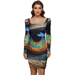 Eye Bird Feathers Vibrant Women Long Sleeve Ruched Stretch Jersey Dress by Hannah976
