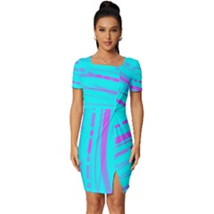 Wave Stripe Pattern Design Aqua Fitted Knot Split End Bodycon Dress by Ndabl3x