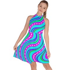 Swirls Pattern Design Bright Aqua Sleeveless Halter Neck A-line Dress by Ndabl3x