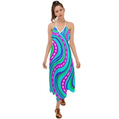 Swirls Pattern Design Bright Aqua Halter Tie Back Dress  by Ndabl3x
