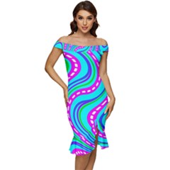 Swirls Pattern Design Bright Aqua Off Shoulder Ruffle Split Hem Bodycon Dress by Ndabl3x