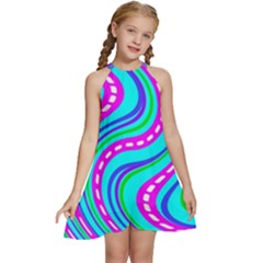 Swirls Pattern Design Bright Aqua Kids  Halter Collar Waist Tie Chiffon Dress by Ndabl3x