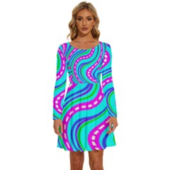 Swirls Pattern Design Bright Aqua Long Sleeve Wide Neck Velvet Dress by Ndabl3x